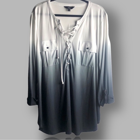 Investments - Slim Factor 3/4 Sleeve Lace Up Ombré Blouse Top Size XL Pre-Loved - Picture 11 of 11